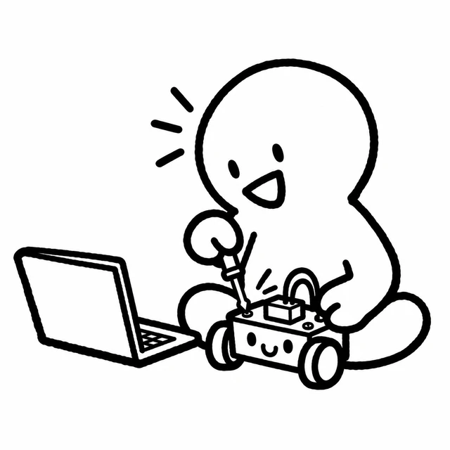 The SillyHacks mascot tinkering with a little robot beside a laptop